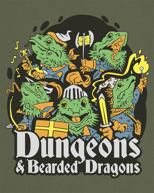 Dungeons & Bearded Dragons shirt in military green featuring cartoon bearded dragons dressed as fantasy adventurers.