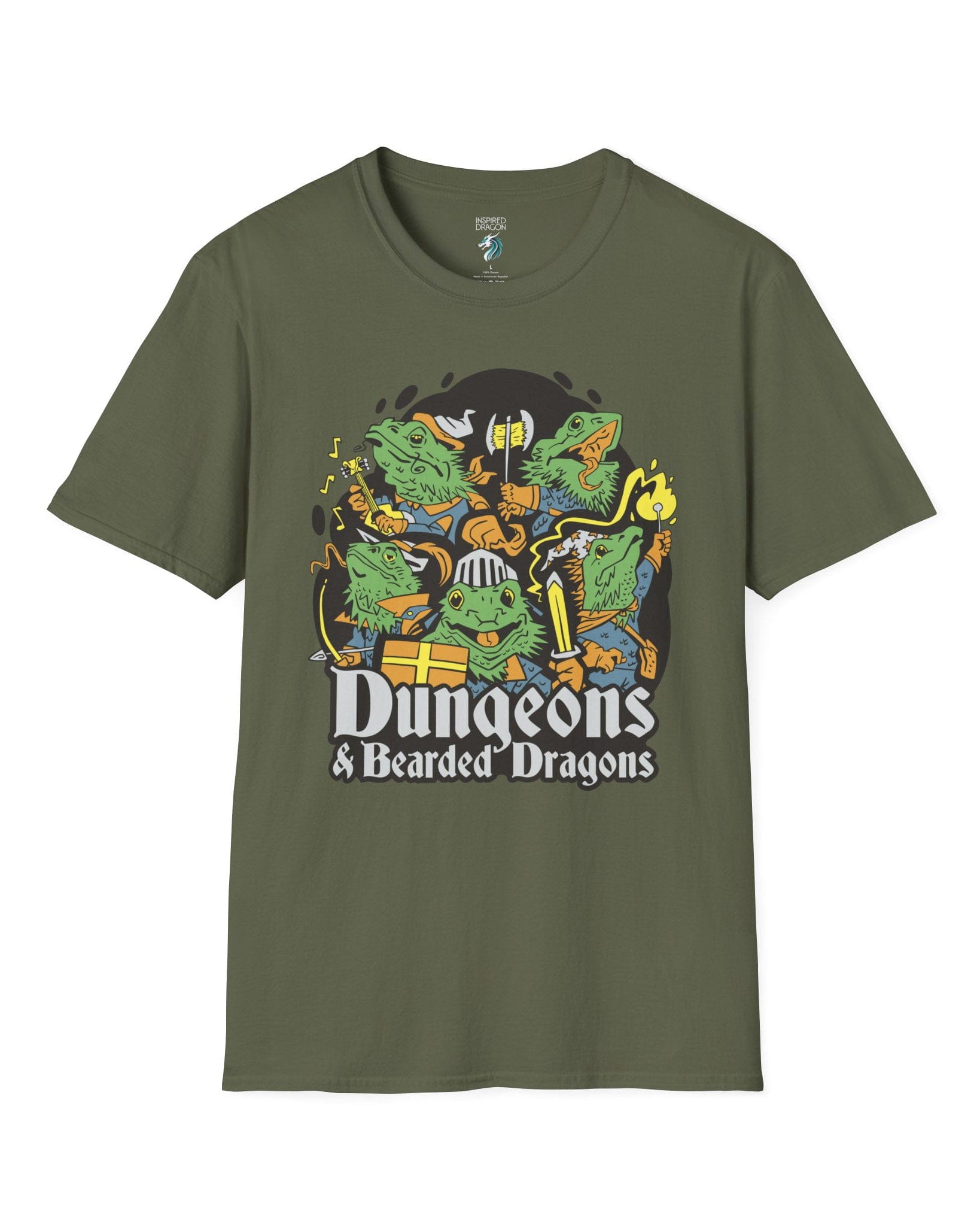 Dungeons & Bearded Dragons shirt in military green featuring cartoon bearded dragons dressed as fantasy adventurers.
