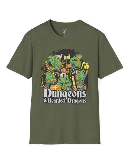 Dungeons & Bearded Dragons shirt in military green featuring cartoon bearded dragons dressed as fantasy adventurers.
