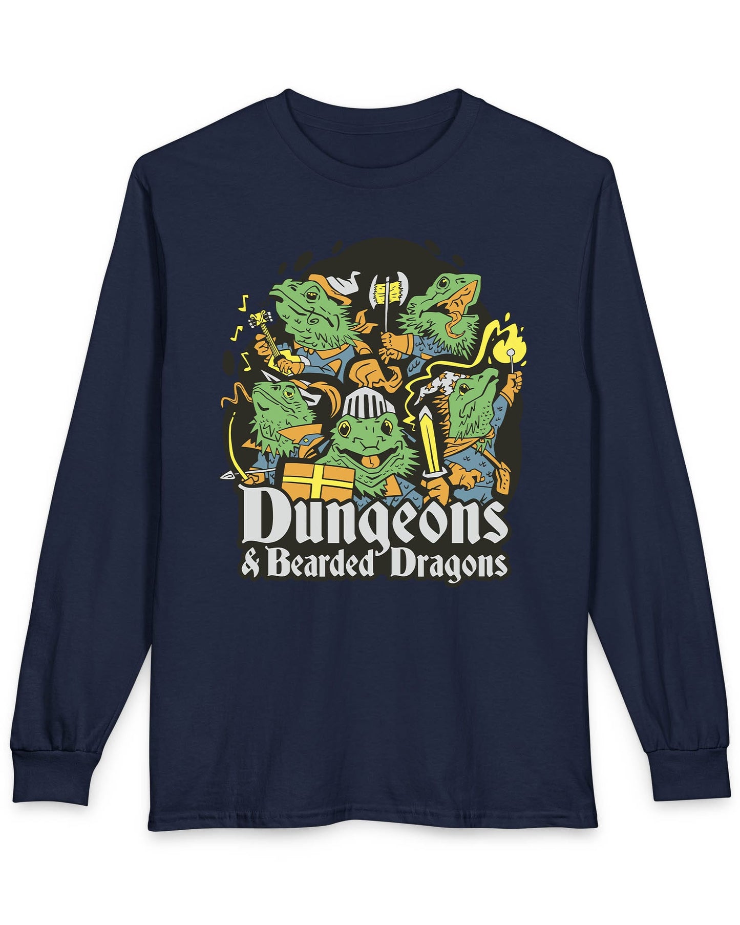 Dungeons & Bearded Dragons shirt in navy featuring cartoon bearded dragons dressed as fantasy adventurers