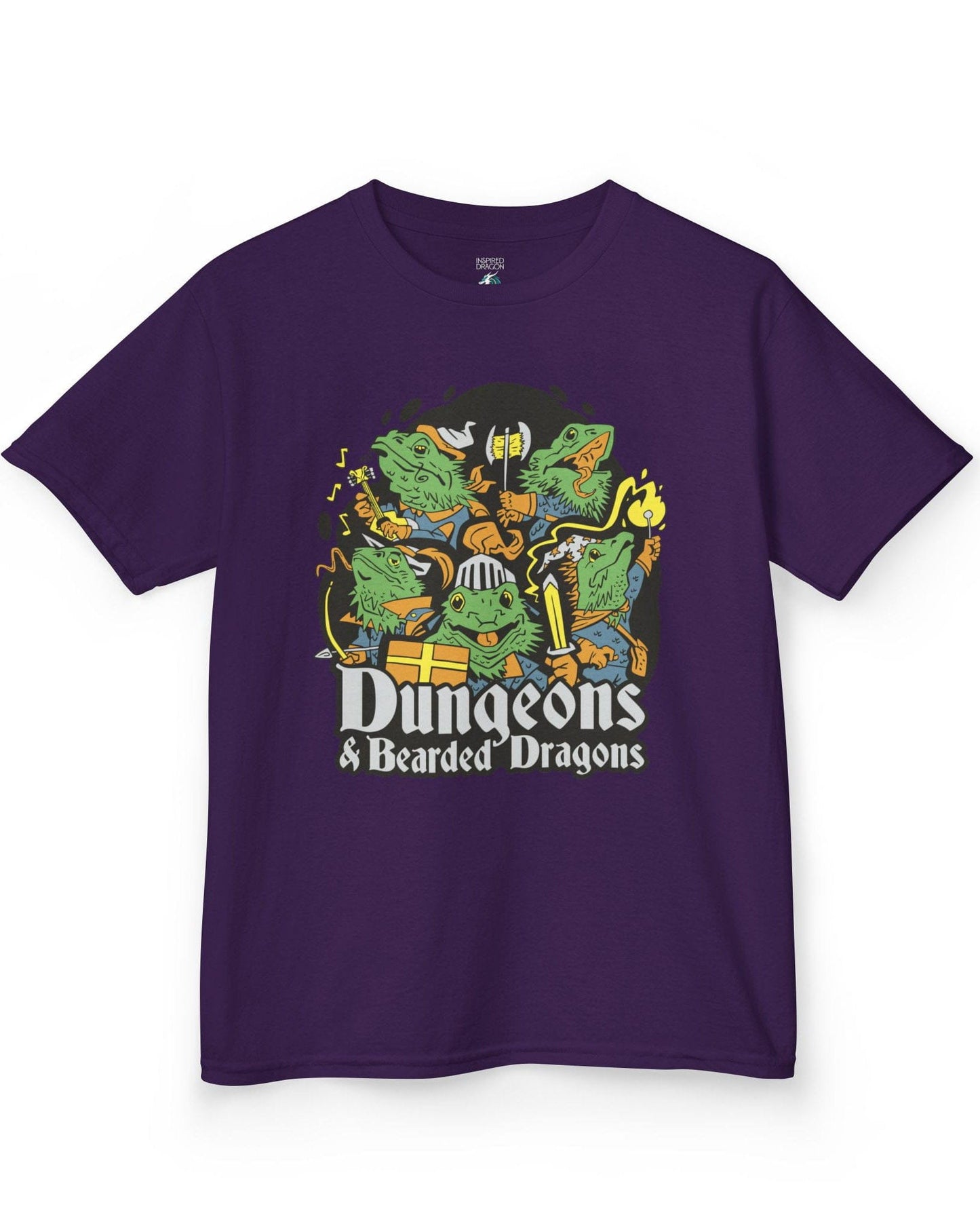 Dungeons & Bearded Dragons shirt in purple featuring cartoon bearded dragons dressed as fantasy adventurers