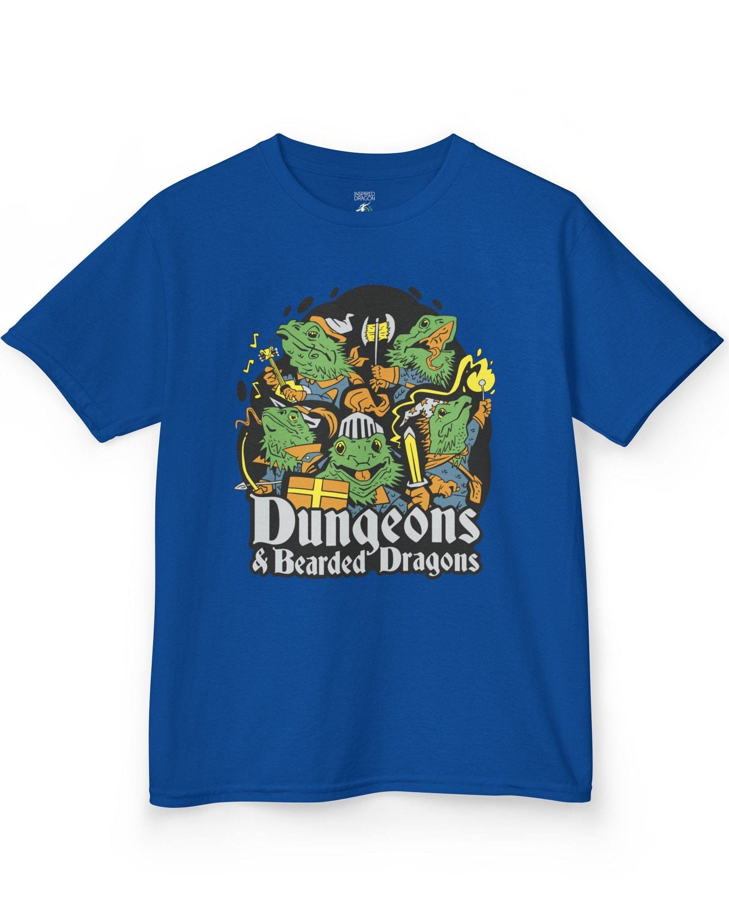 Dungeons & Bearded Dragons shirt in royal blue featuring cartoon bearded dragons dressed as fantasy adventurers
