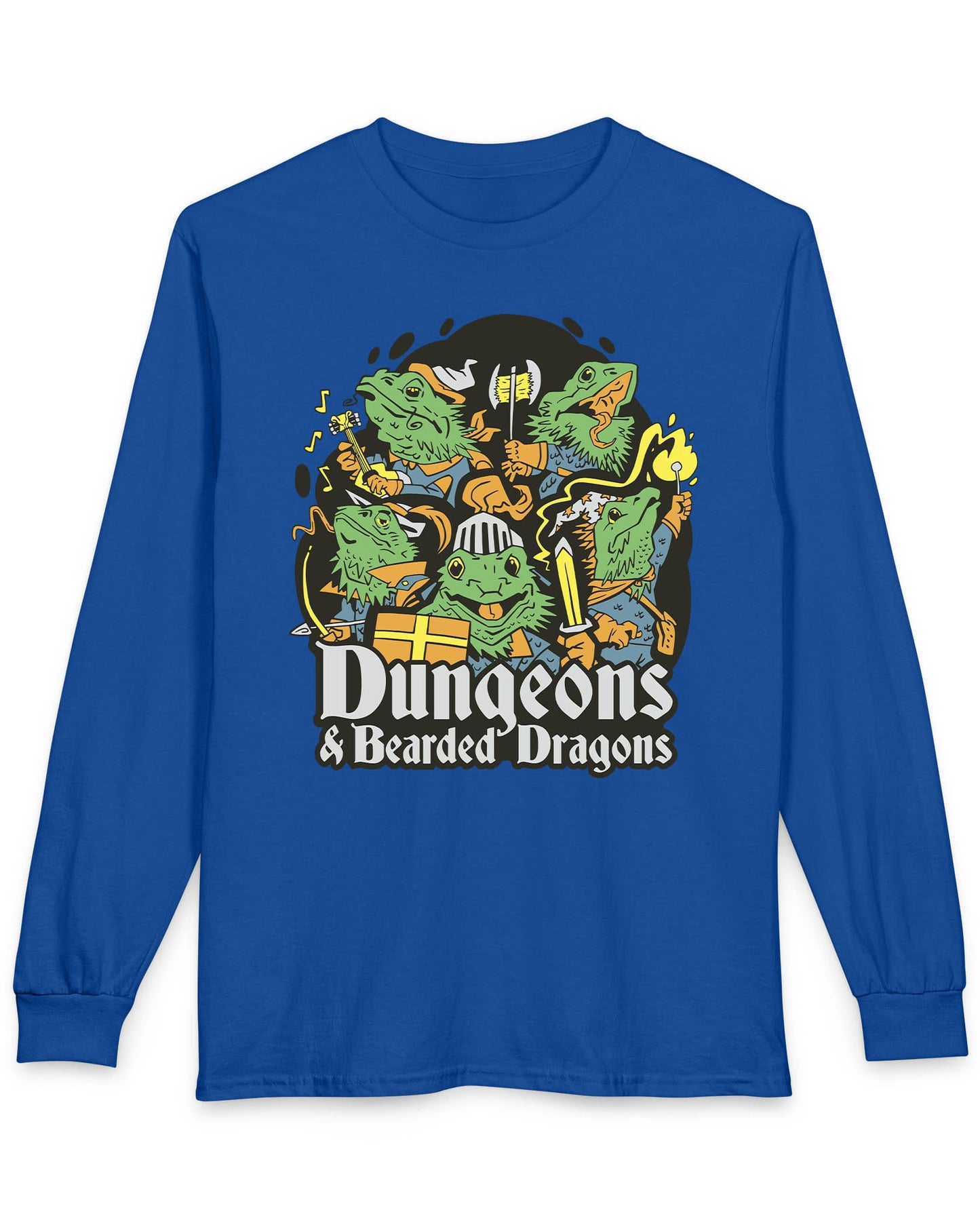 Dungeons & Bearded Dragons shirt in royal blue featuring cartoon bearded dragons dressed as fantasy adventurers