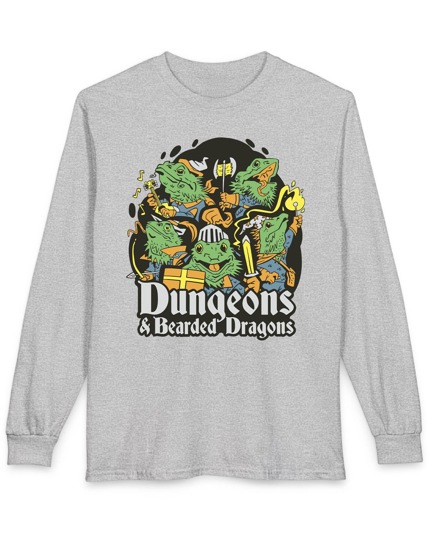 Dungeons & Bearded Dragons shirt in sport grey featuring cartoon bearded dragons dressed as fantasy adventurers