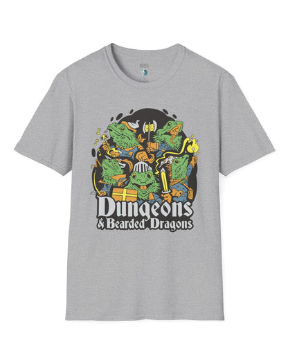 Dungeons & Bearded Dragons shirt in sport grey featuring cartoon bearded dragons dressed as fantasy adventurers.

