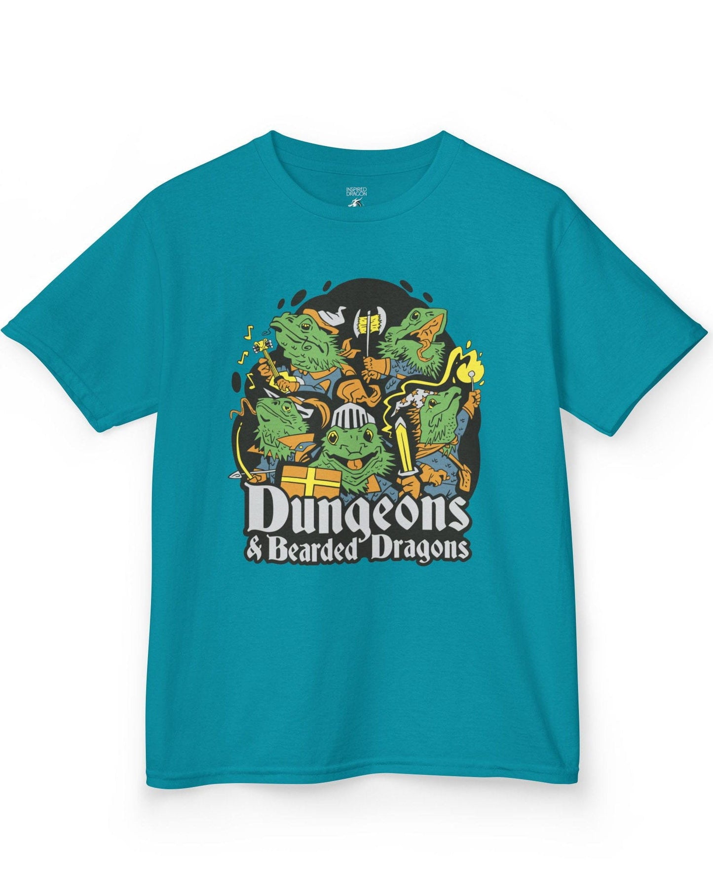 Dungeons & Bearded Dragons shirt in tropical blue featuring cartoon bearded dragons dressed as fantasy adventurers