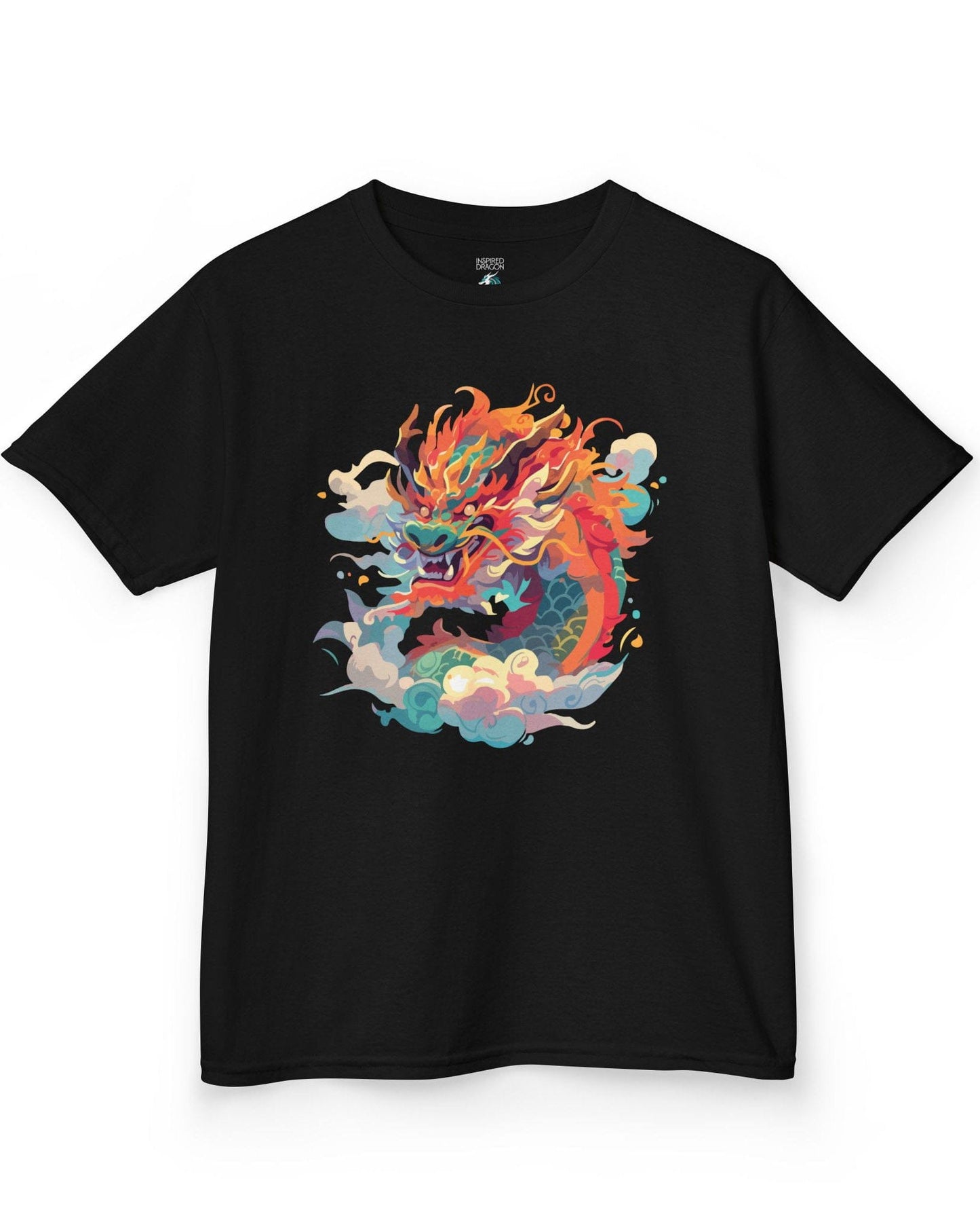Emperor of the Skies shirt in black featuring a colorful dragon emerging from swirling pastel clouds
