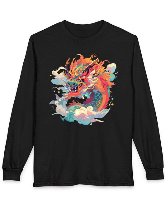 Emperor of the Skies shirt in black featuring a colorful dragon emerging from swirling pastel clouds