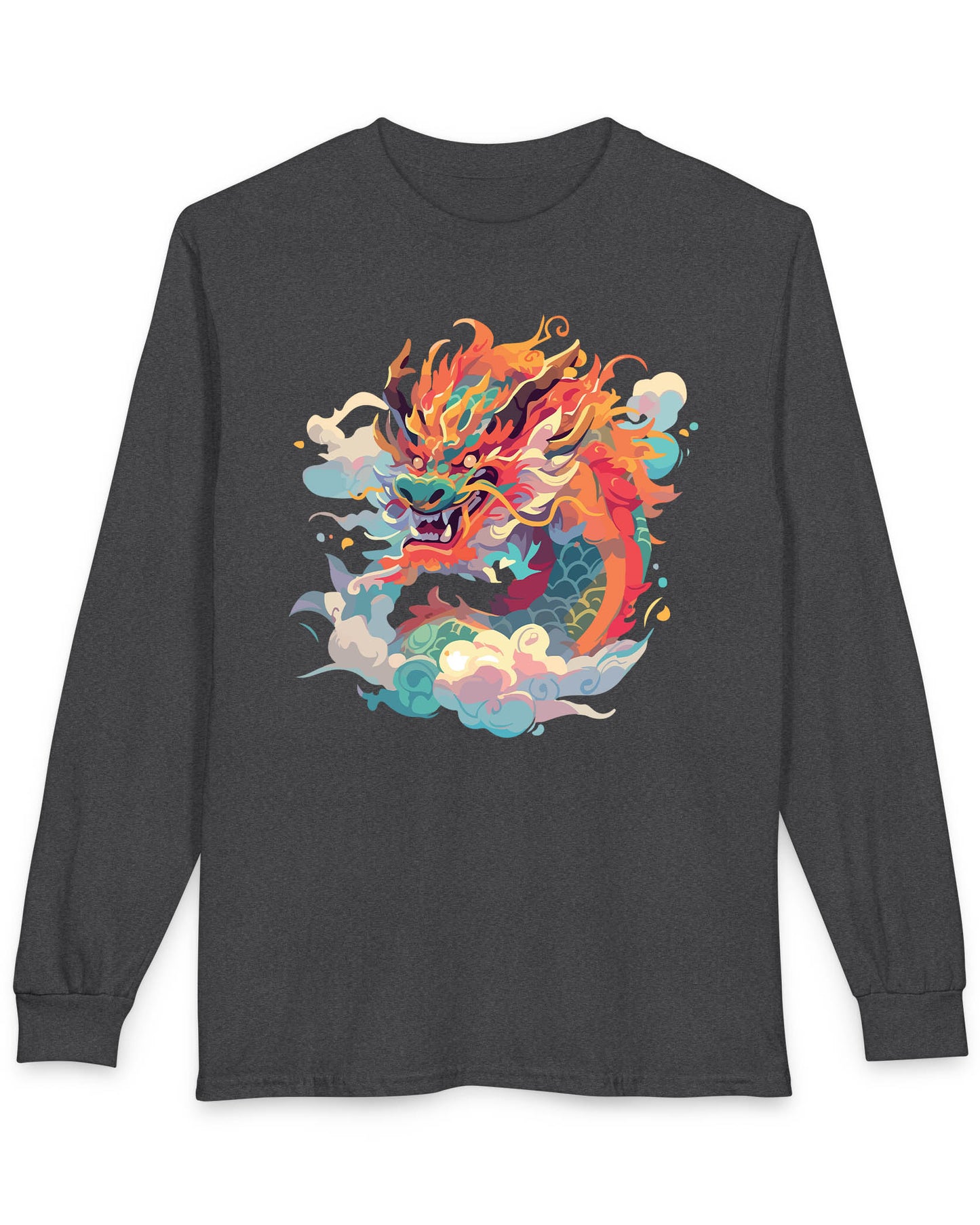 Emperor of the Skies shirt in dark heather featuring a colorful dragon emerging from swirling pastel clouds