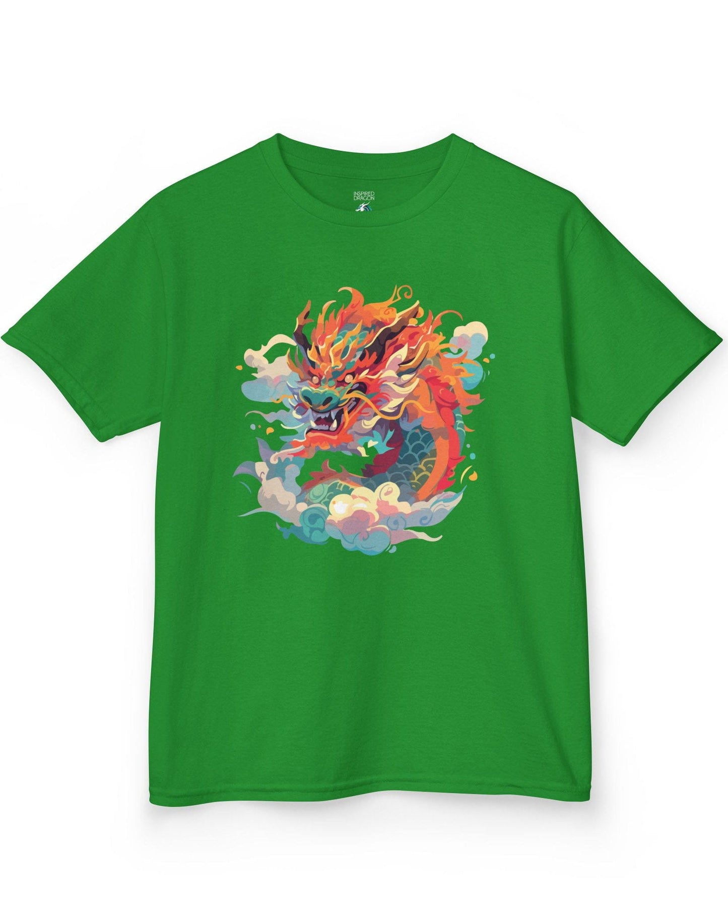 Emperor of the Skies shirt in Irish green featuring a colorful dragon emerging from swirling pastel clouds