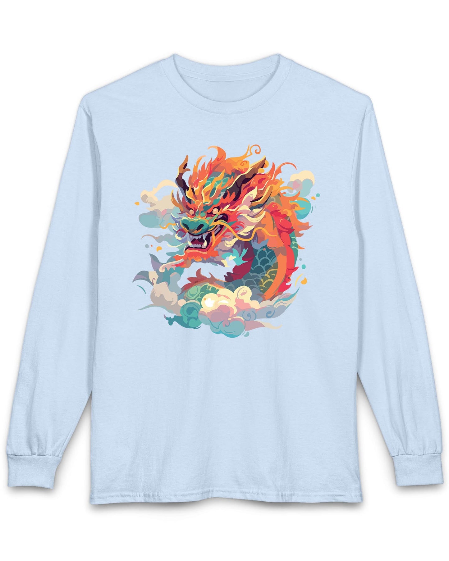 Emperor of the Skies shirt in light blue featuring a colorful dragon emerging from swirling pastel clouds