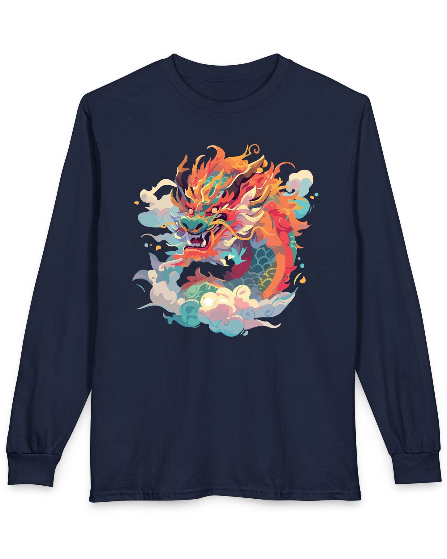 Emperor of the Skies shirt in navy featuring a colorful dragon emerging from swirling pastel clouds