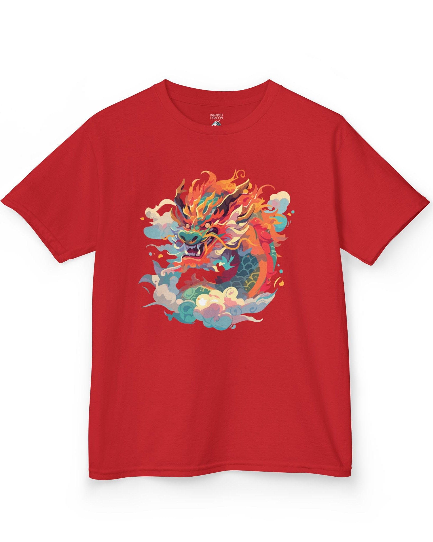 Emperor of the Skies shirt in red featuring a colorful dragon emerging from swirling pastel clouds