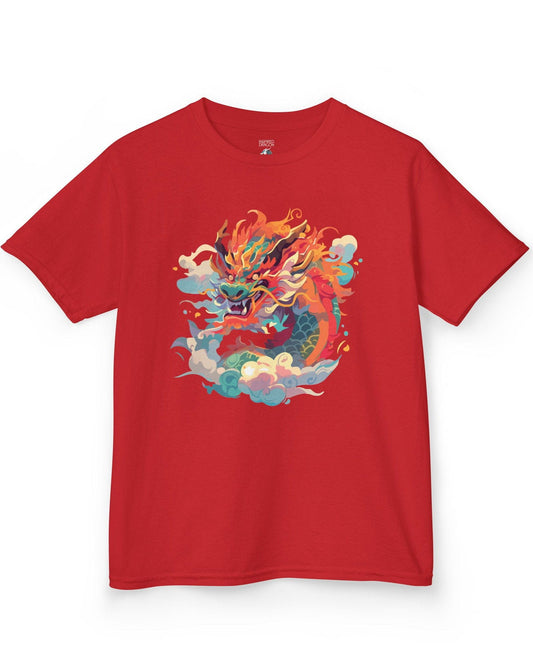 Emperor of the Skies shirt in red featuring a colorful dragon emerging from swirling pastel clouds