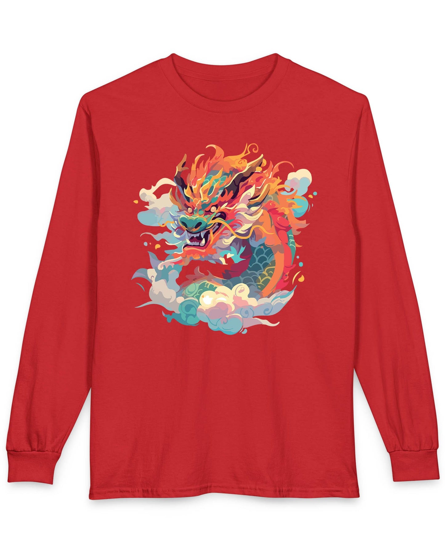 Emperor of the Skies shirt in red featuring a colorful dragon emerging from swirling pastel clouds