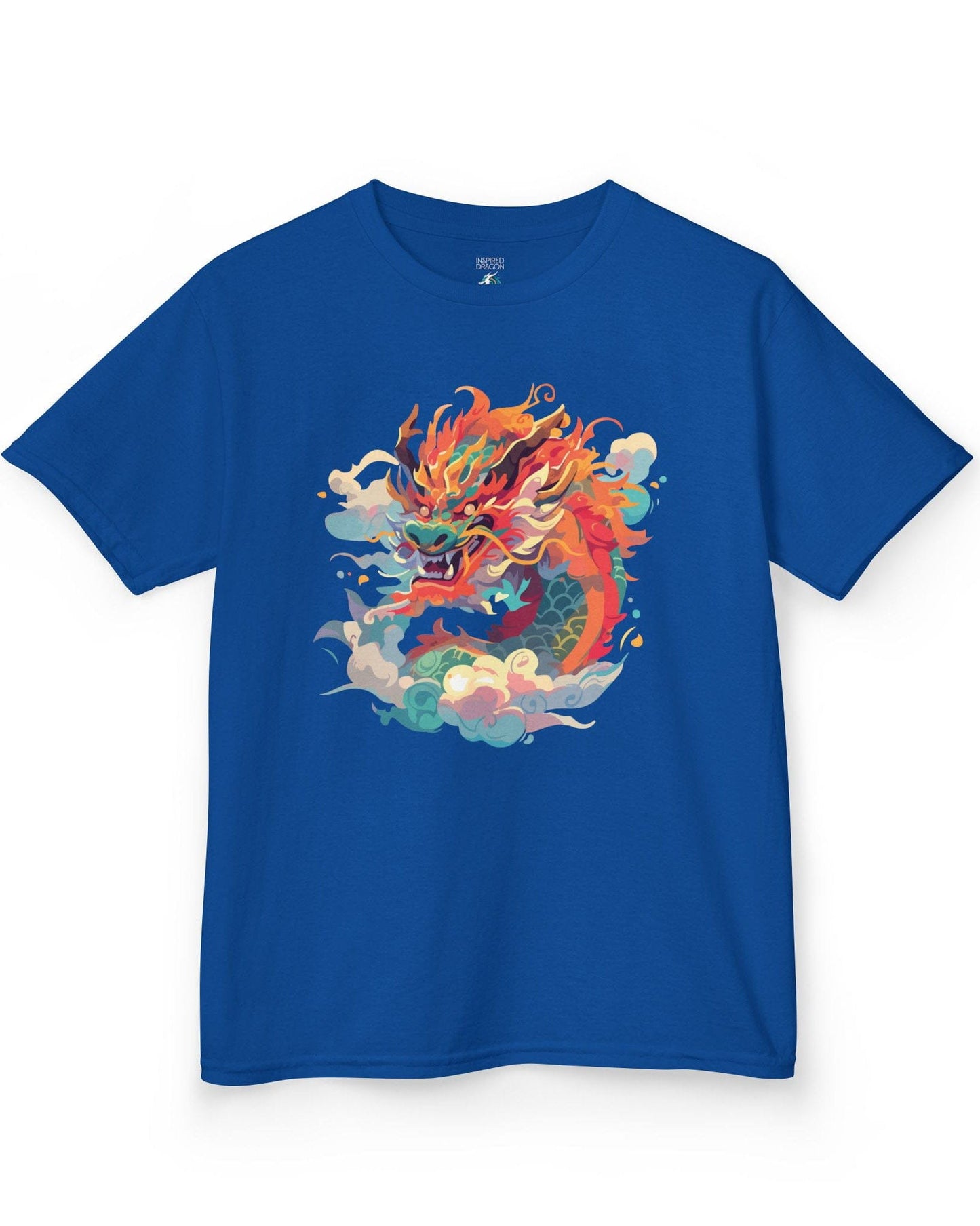 Emperor of the Skies shirt in royal blue featuring a colorful dragon emerging from swirling pastel clouds