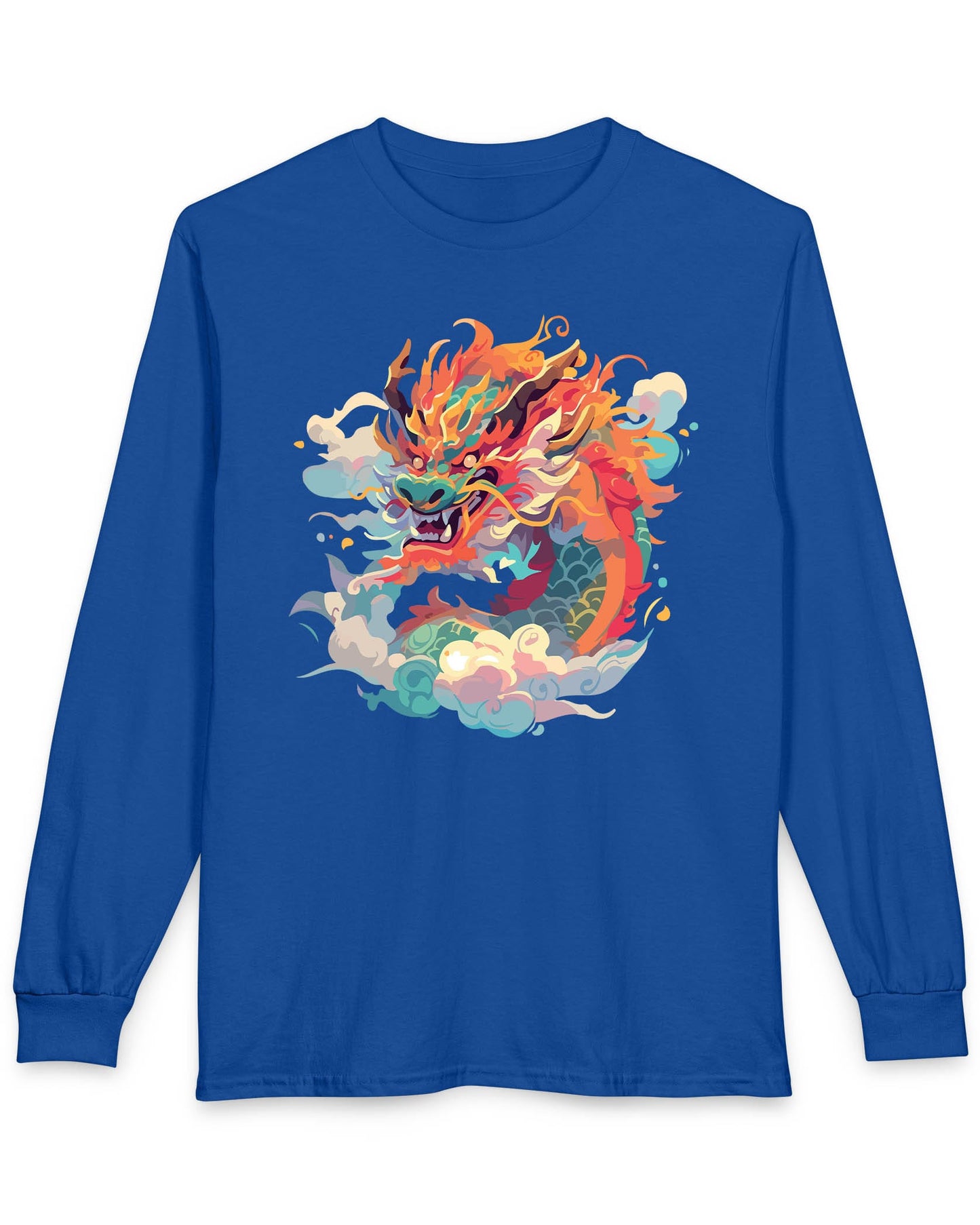 Emperor of the Skies shirt in royal blue featuring a colorful dragon emerging from swirling pastel clouds