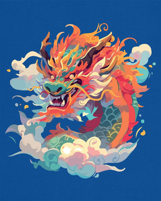 Emperor of the Skies shirt in royal blue featuring a colorful dragon emerging from swirling pastel clouds.