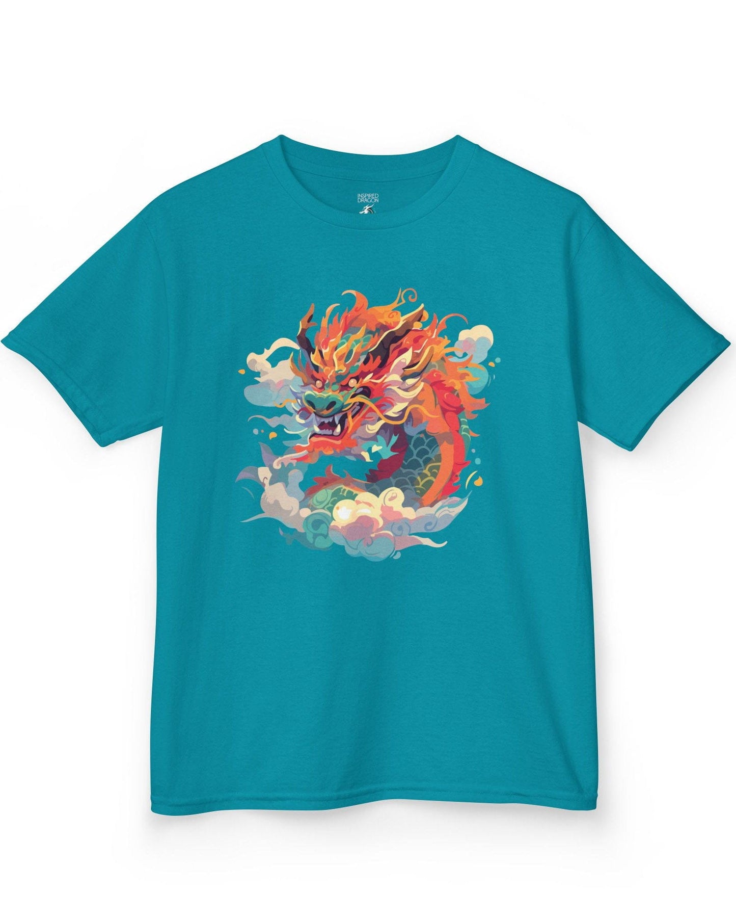 Emperor of the Skies shirt in tropical blue featuring a colorful dragon emerging from swirling pastel clouds
