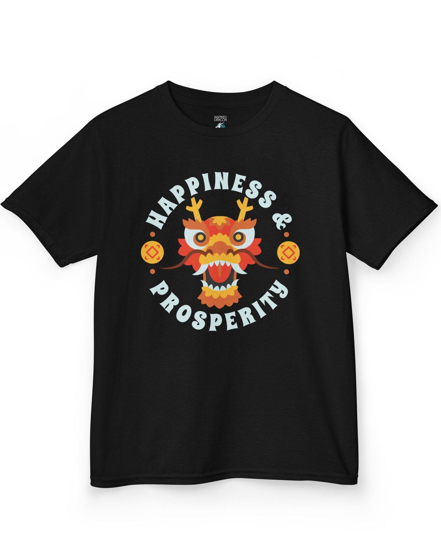 Happiness & Prosperity shirt in black featuring a stylized dragon head, gold coins, and bold festive lettering