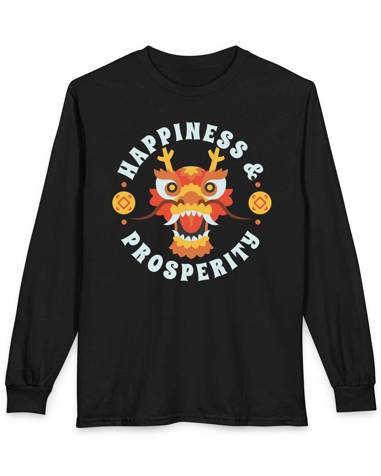Happiness & Prosperity shirt in black featuring a stylized dragon head, gold coins, and bold festive lettering