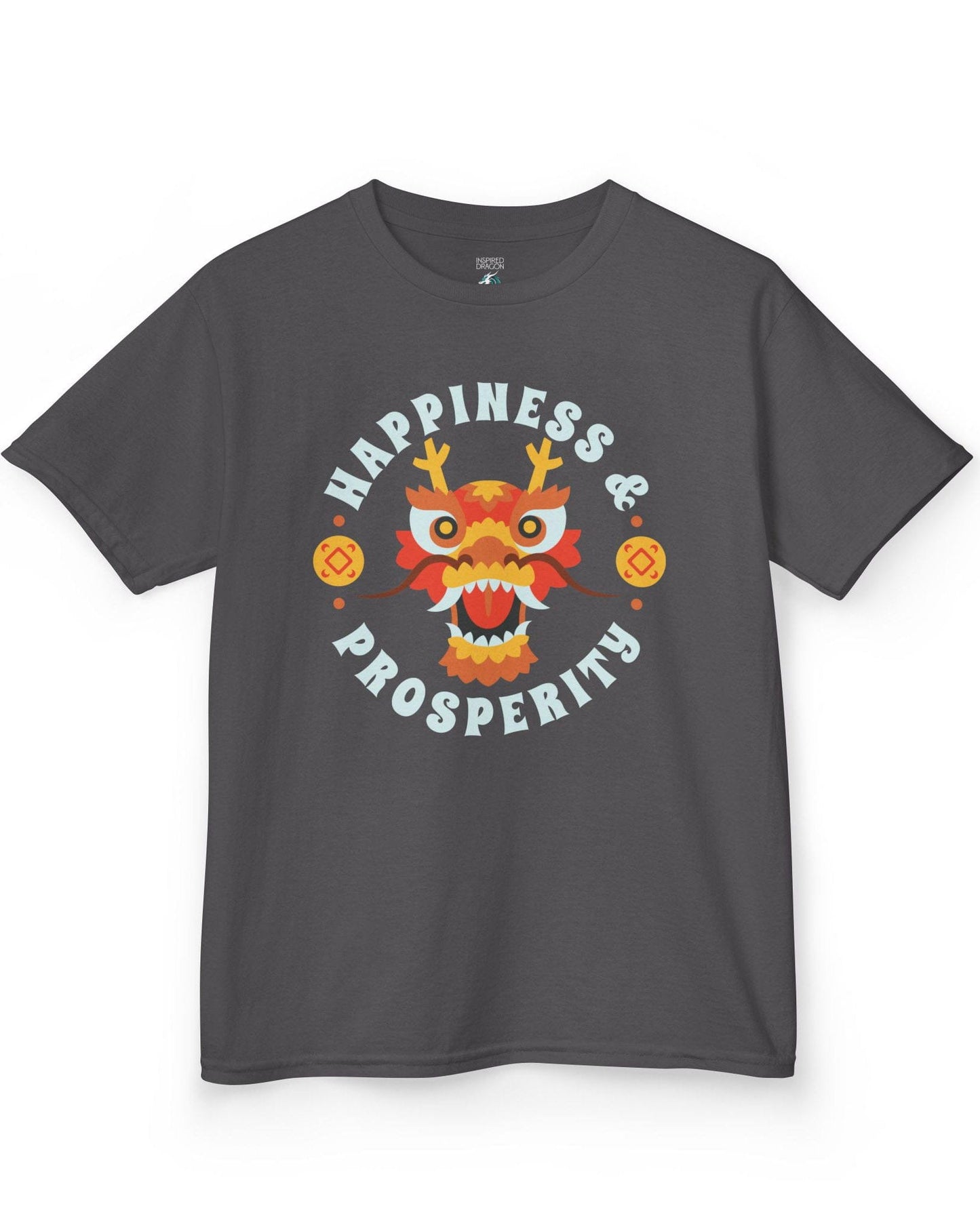 Happiness & Prosperity shirt in charcoal featuring a stylized dragon head, gold coins, and bold festive lettering