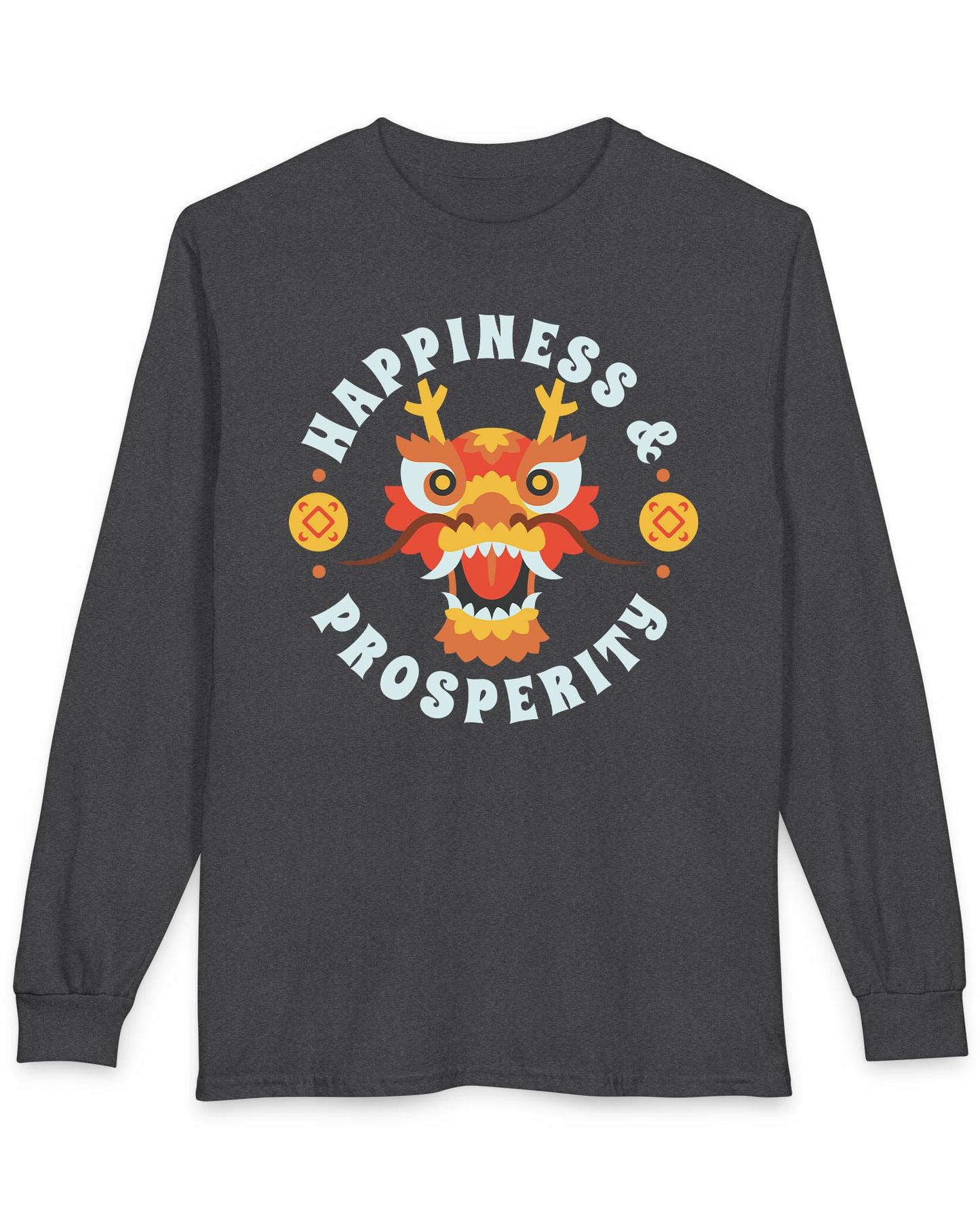 Happiness & Prosperity shirt in dark heather featuring a stylized dragon head, gold coins, and bold festive lettering