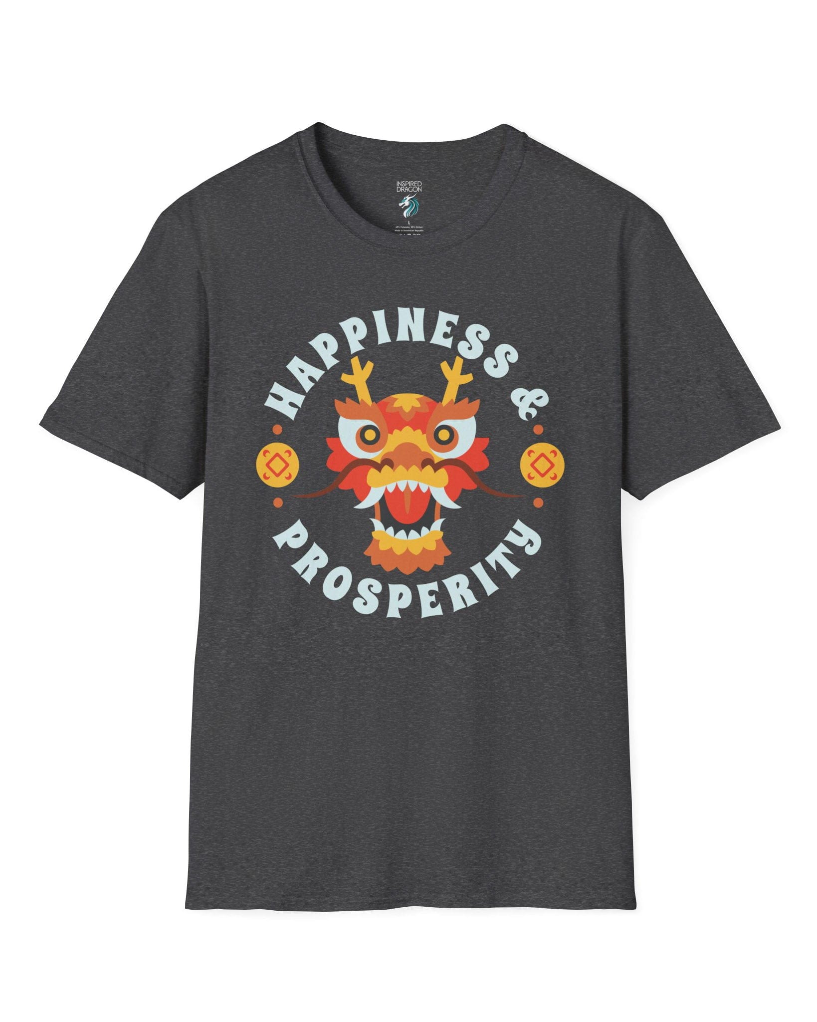 Happiness & Prosperity shirt in dark heather grey featuring a stylized dragon head, gold coins, and bold festive lettering.

