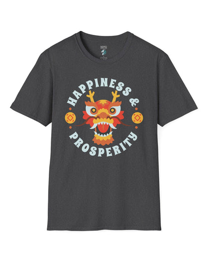 Happiness & Prosperity shirt in dark heather grey featuring a stylized dragon head, gold coins, and bold festive lettering.
