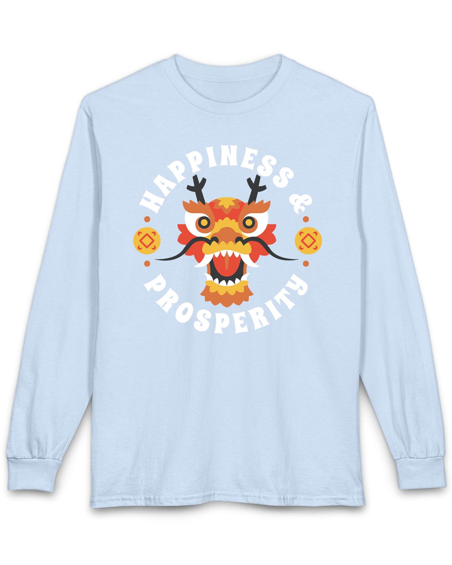Happiness & Prosperity shirt in light blue featuring a stylized dragon head, gold coins, and bold festive lettering