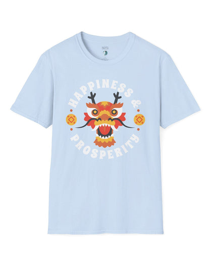 Happiness & Prosperity shirt in light blue featuring a stylized dragon head, gold coins, and bold festive lettering.
