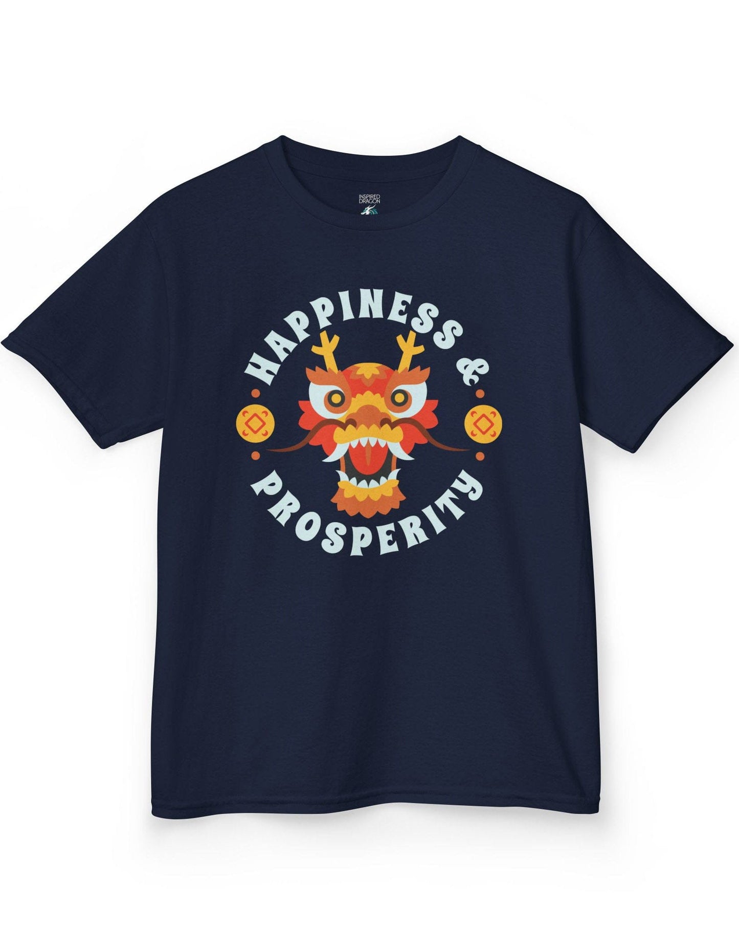 Happiness & Prosperity shirt in navy featuring a stylized dragon head, gold coins, and bold festive lettering