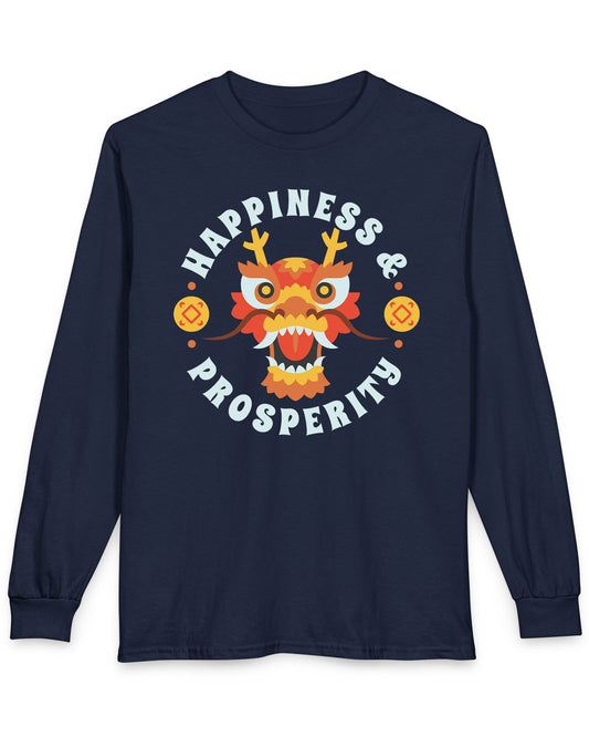 Happiness & Prosperity shirt in navy featuring a stylized dragon head, gold coins, and bold festive lettering