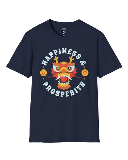 Happiness & Prosperity shirt in navy featuring a stylized dragon head, gold coins, and bold festive lettering.
