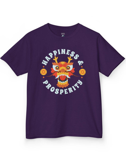 Happiness & Prosperity shirt in purple featuring a stylized dragon head, gold coins, and bold festive lettering