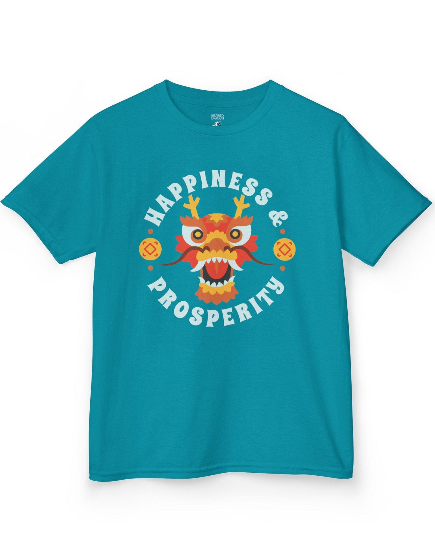 Happiness & Prosperity shirt in tropical blue featuring a stylized dragon head, gold coins, and bold festive lettering
