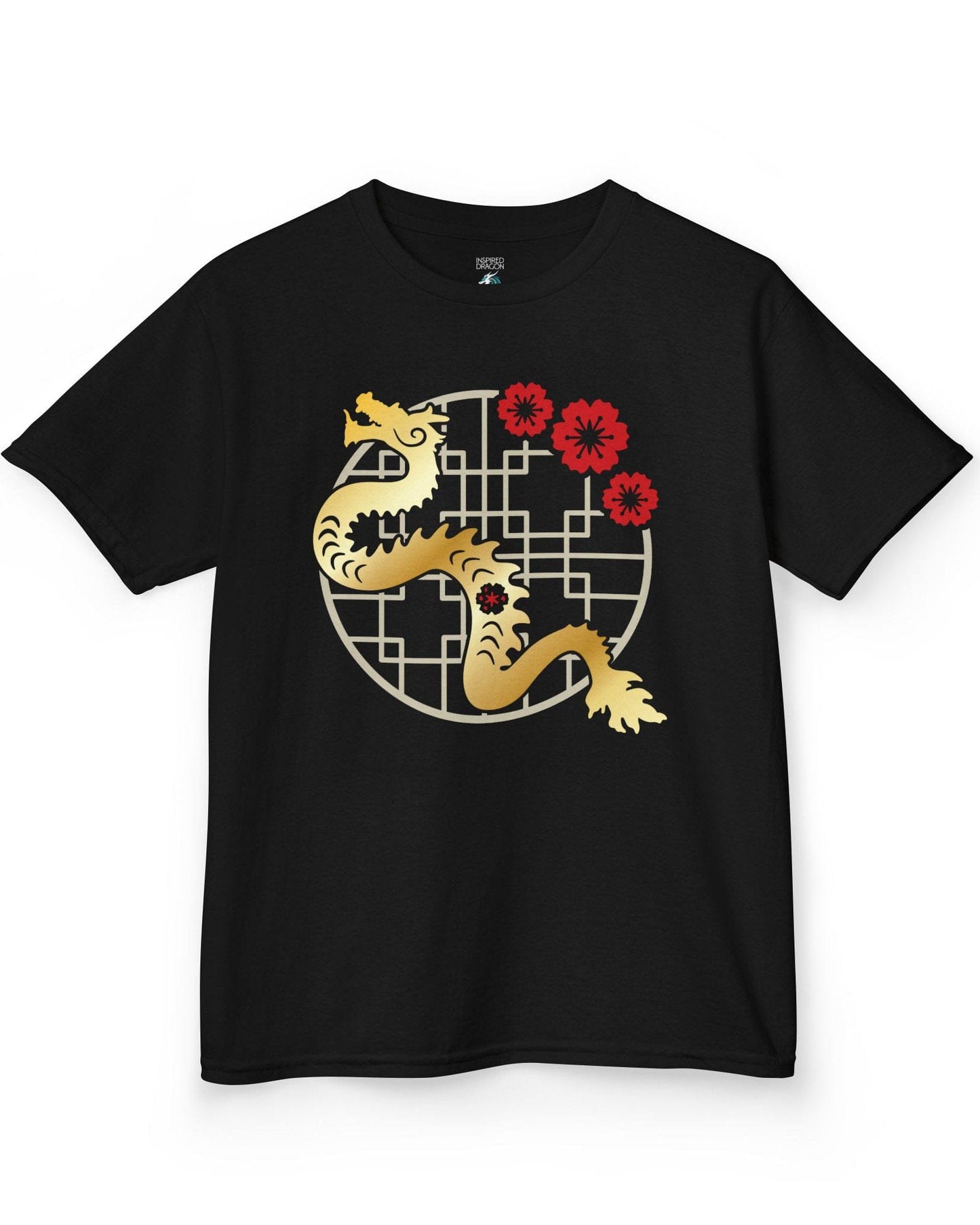 Golden Blossom Dragon shirt in black featuring a gold dragon with red flowers over a geometric circular frame