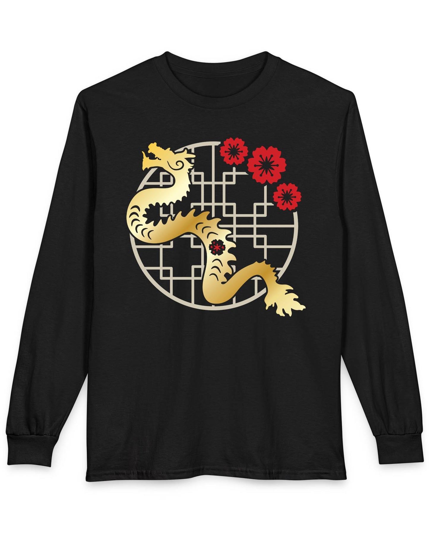 Golden Blossom Dragon shirt in black featuring a gold dragon with red flowers over a geometric circular frame