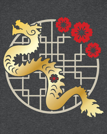 Golden Blossom Dragon shirt in dark heather grey featuring a gold dragon with red flowers over a geometric circular frame.