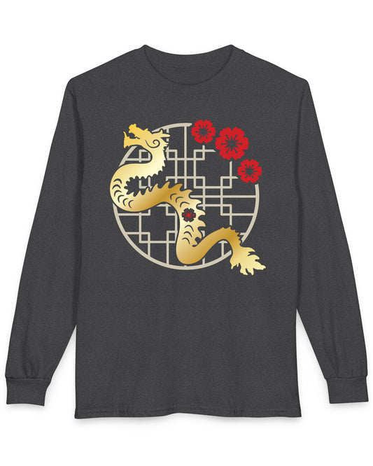 Golden Blossom Dragon shirt in dark heather featuring a gold dragon with red flowers over a geometric circular frame