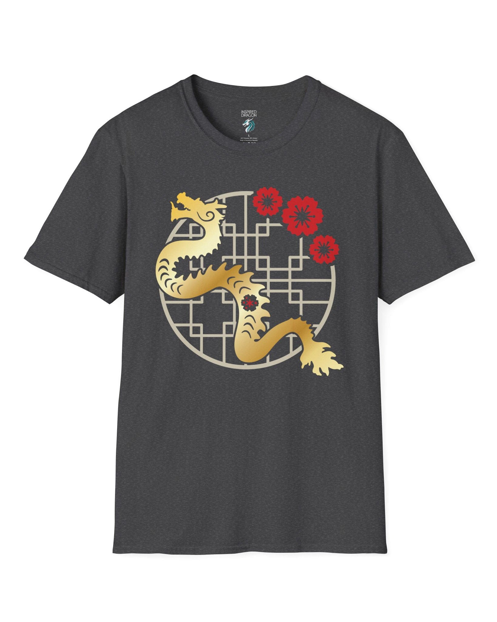 Golden Blossom Dragon shirt in dark heather grey featuring a gold dragon with red flowers over a geometric circular frame.
