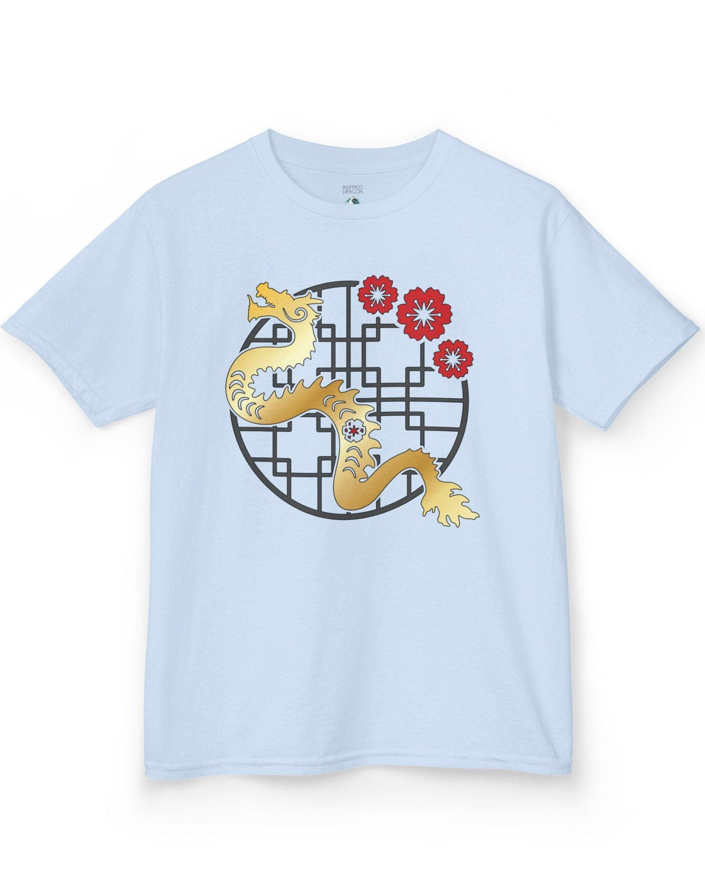 Golden Blossom Dragon shirt in light blue featuring a gold dragon with red flowers over a geometric circular frame