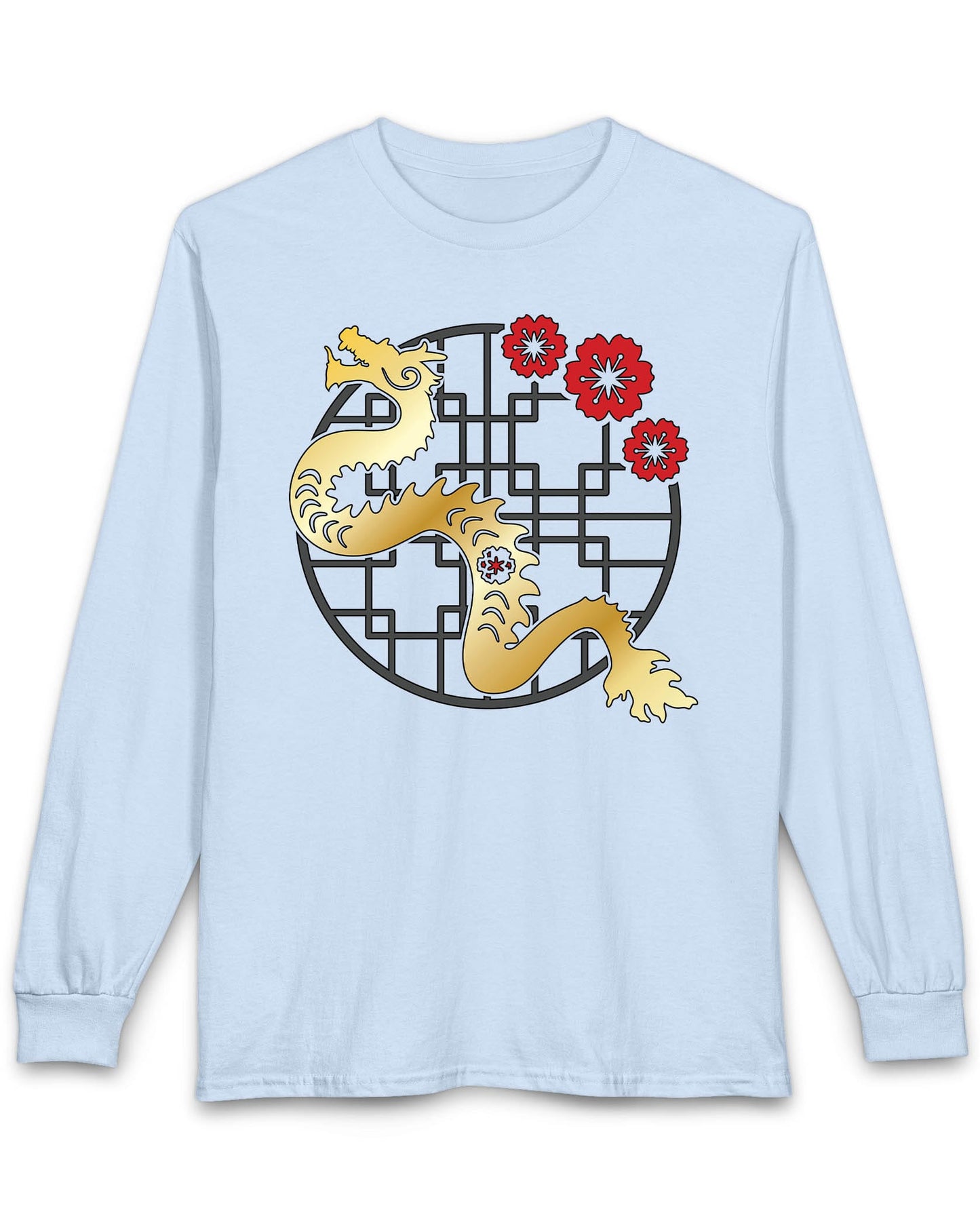 Golden Blossom Dragon shirt in light blue featuring a gold dragon with red flowers over a geometric circular frame