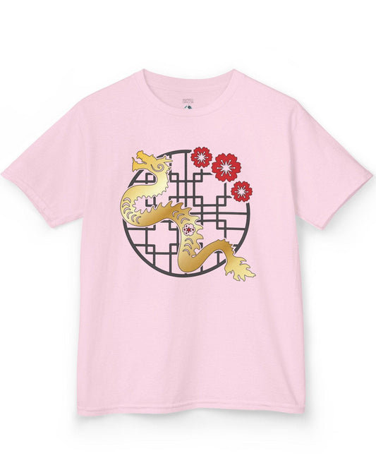 Golden Blossom Dragon shirt in light pink featuring a gold dragon with red flowers over a geometric circular frame