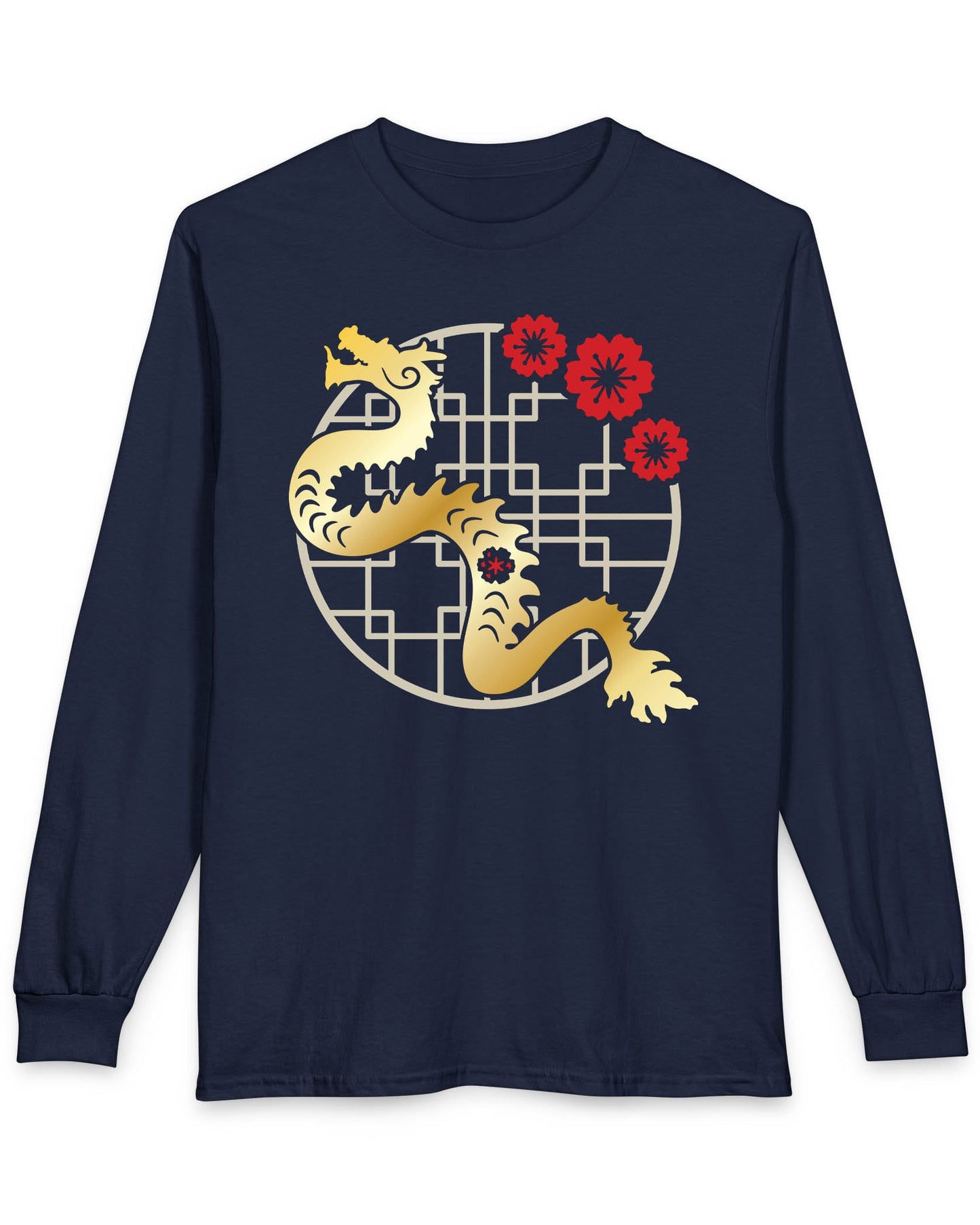 Golden Blossom Dragon shirt in navy featuring a gold dragon with red flowers over a geometric circular frame