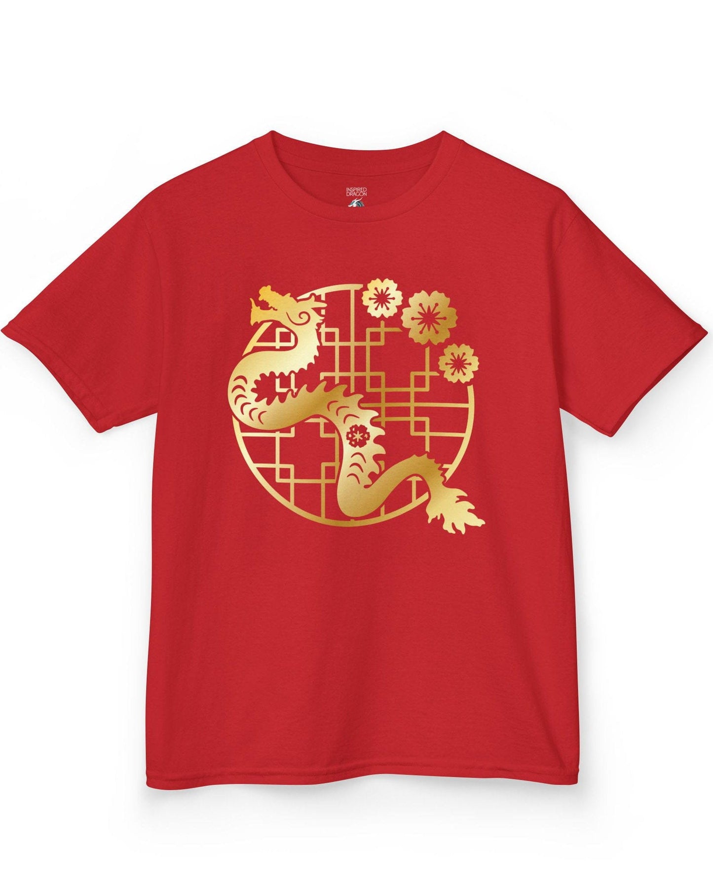 Golden Blossom Dragon shirt in red featuring a gold dragon with red flowers over a geometric circular frame