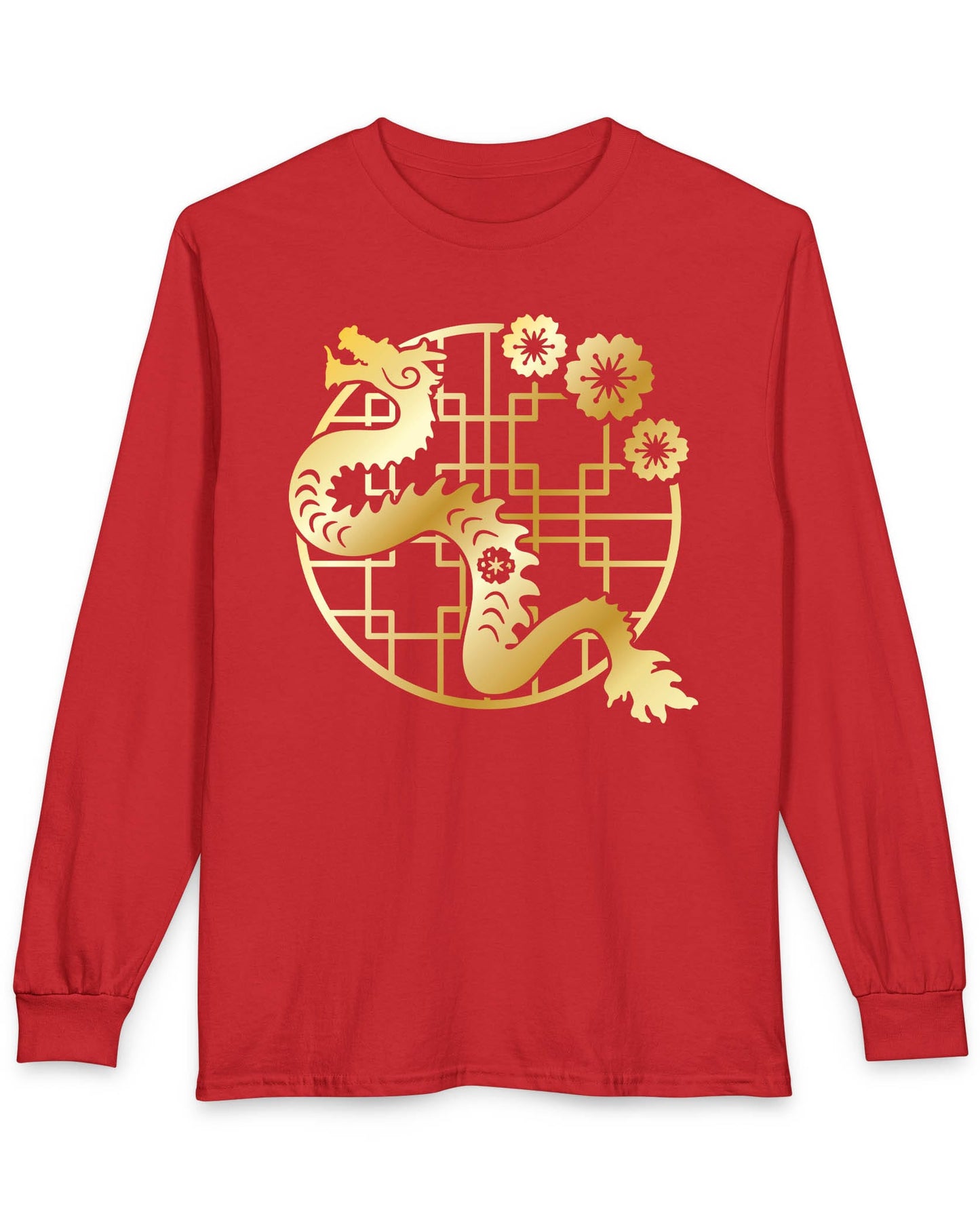 Golden Blossom Dragon shirt in red featuring a gold dragon with red flowers over a geometric circular frame