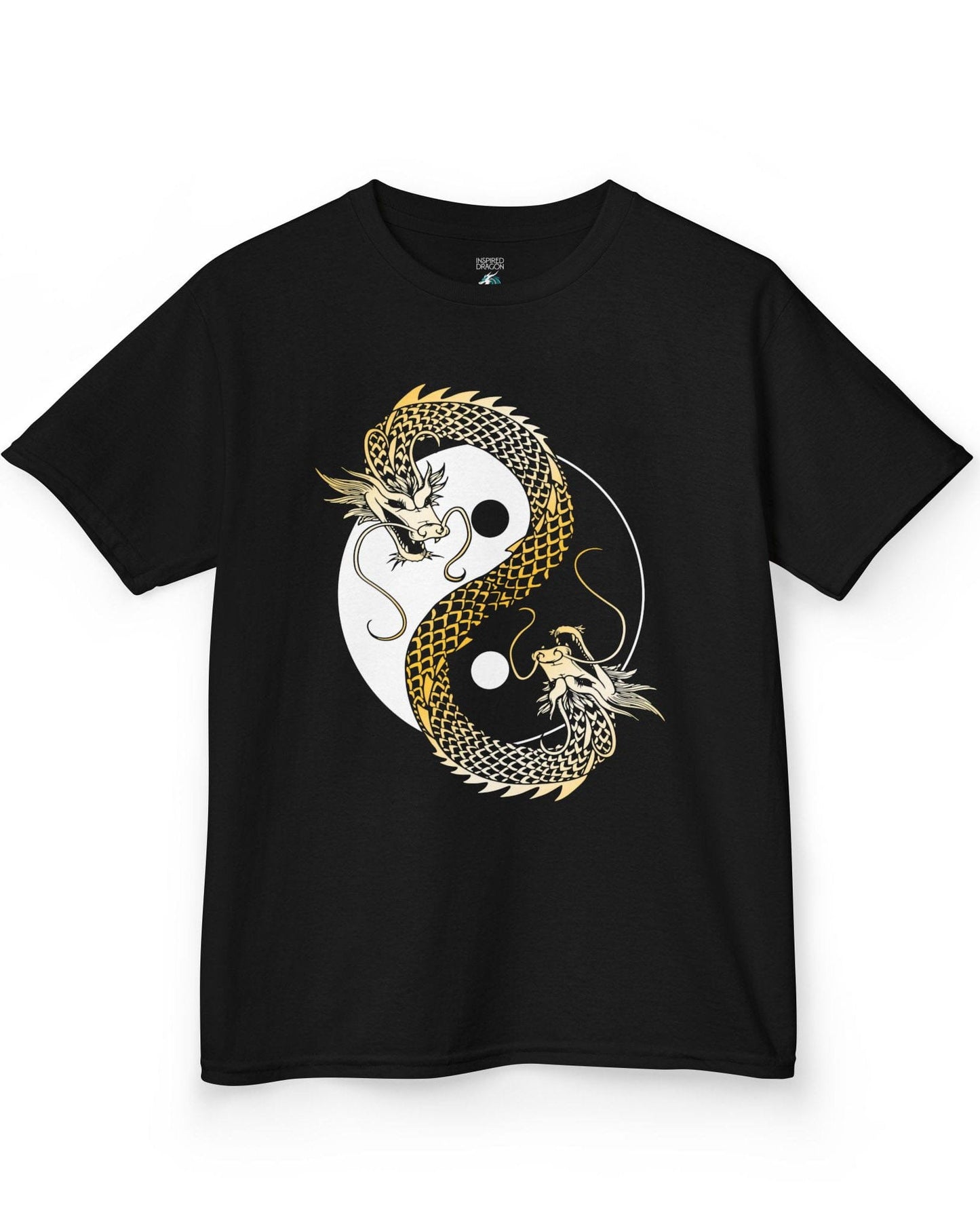 Eternal Balance shirt in black featuring a gold and black dragon coiled around a yin yang symbol