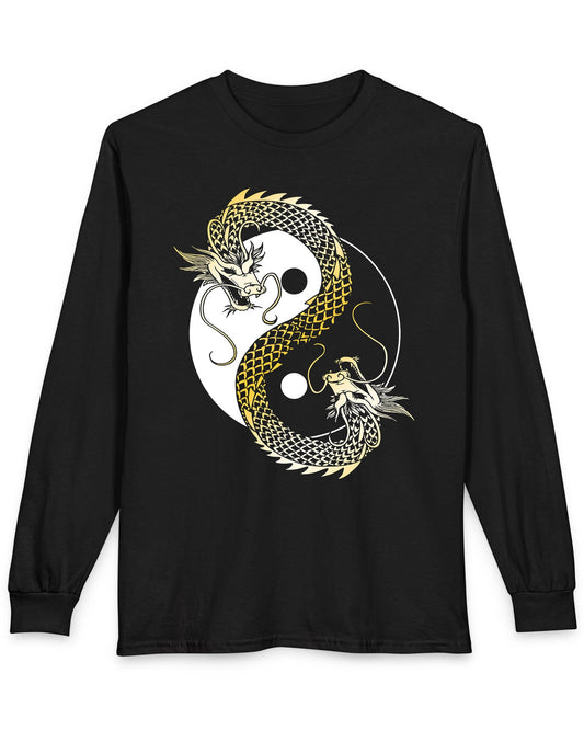 Eternal Balance shirt in black featuring a gold and black dragon coiled around a yin yang symbol