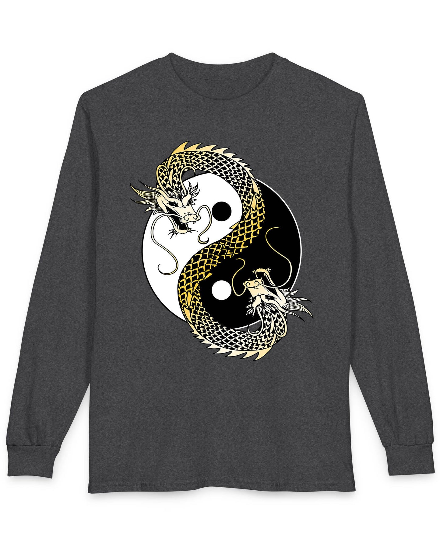 Eternal Balance shirt in dark heather featuring a gold and black dragon coiled around a yin yang symbol